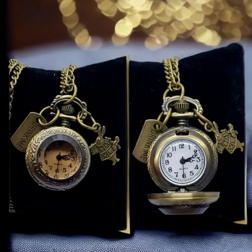 Alice In Wonderland Engraved Antique Bronze Quartz Pocket Watch Necklace Rabbit